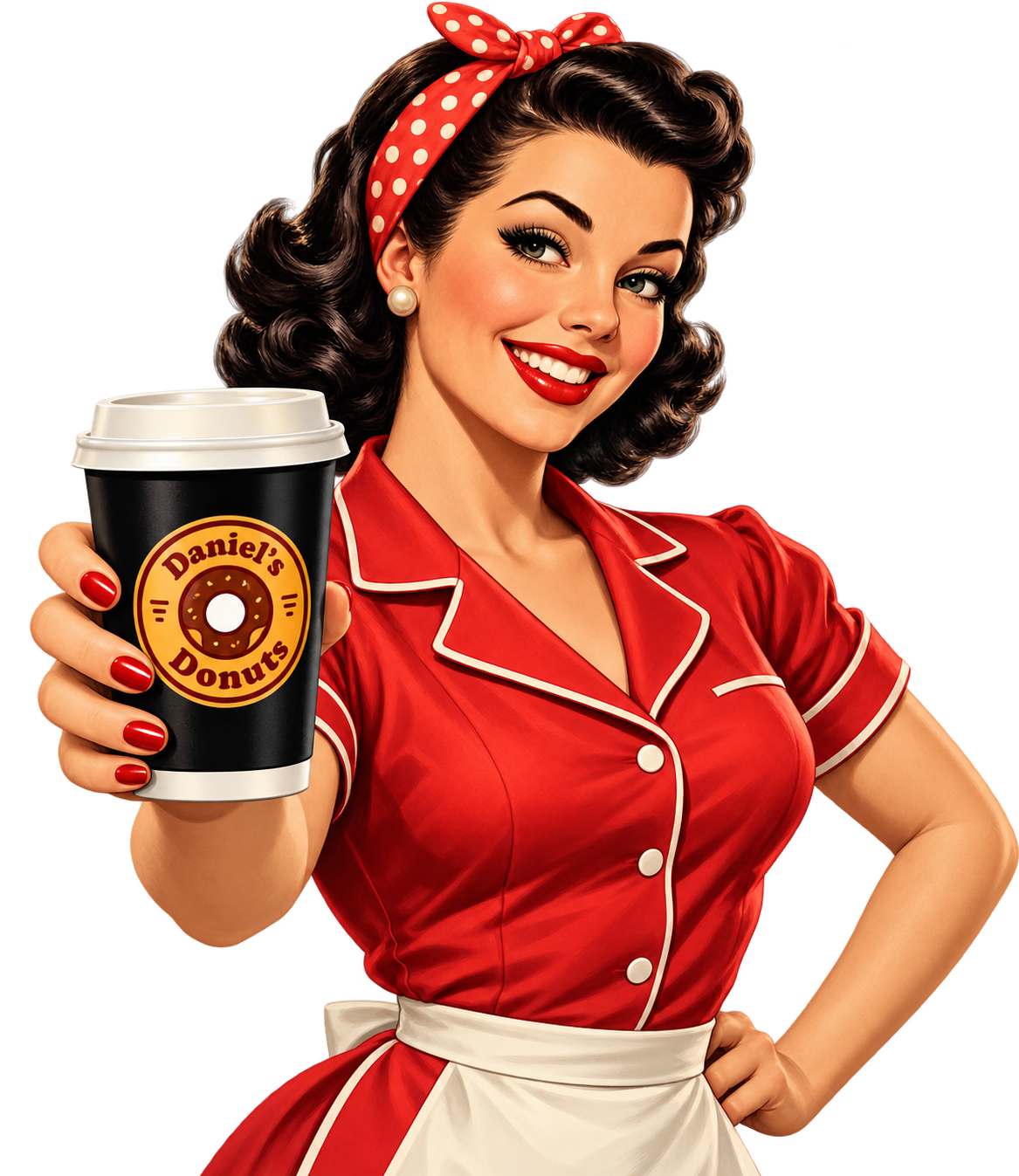 Retro ilustrace obsluhy Daniel’s Donuts s kávou
